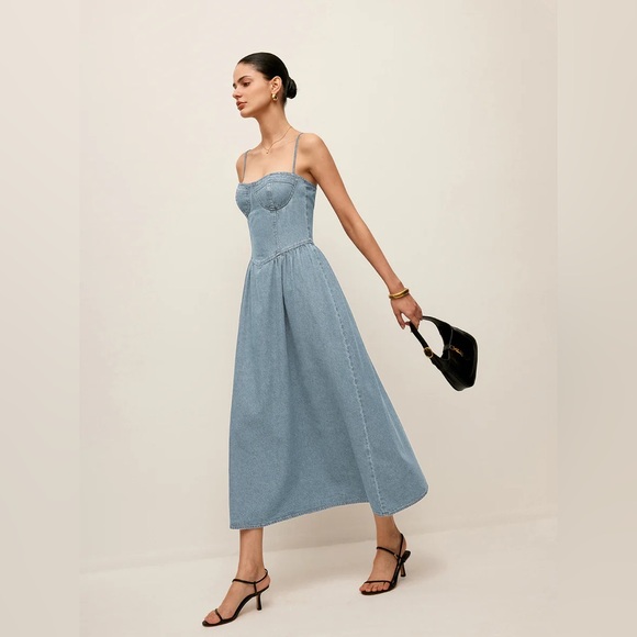 Commense Sweetheart Collar Denim Dress - Picture 1 of 3